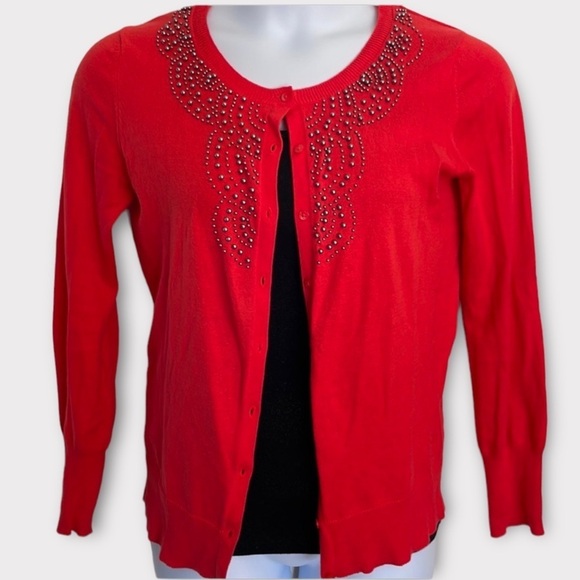 Red Beaded Neckline Button Up Cardigan - Picture 1 of 3